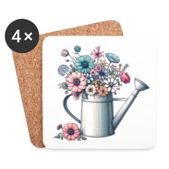 Watering can, luxuriantly filled with pastel-colored flowers - Coasters (set of 4) - white - Front