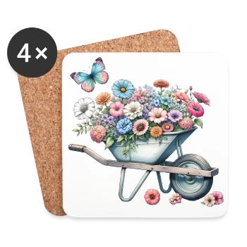 Wheelbarrow filled with pastel-colored flowers - Coasters (set of 4) - white - Front