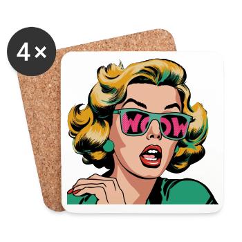 Portrait Pop Art WOW avec lunettes de soleil pailletées - Dessous de verre (lot de 4) - blanc - Devant