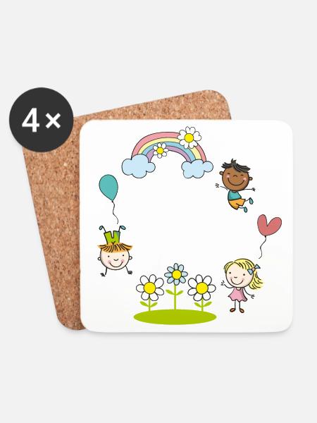 Kinder der Erde mit Regenbogen Blumen Luftballon - Untersetzer (4er-Set) - Weiß