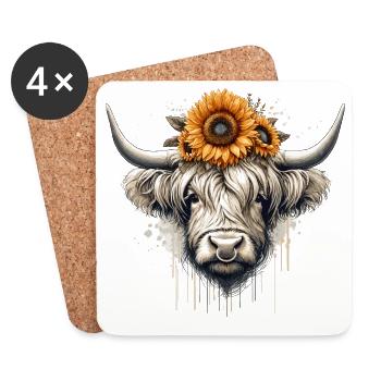 Highland Beauty - Bœuf des Highlands aux tournesols - Dessous de verre (lot de 4) - blanc - Devant