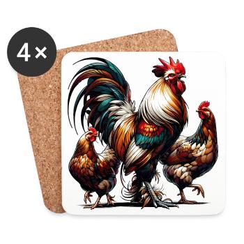 Magnifique coq coloré avec deux poules dans la cour - Dessous de verre (lot de 4) - blanc - Devant