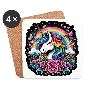 Licorne arc-en-ciel parmi les roses et les papillons - Dessous de verre (lot de 4) - blanc - Devant
