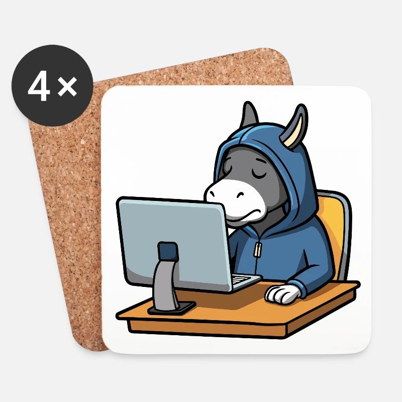 Niedlicher Hacker Esel schläft im Hoodie vorm PC - Untersetzer (4er-Set) - Weiß