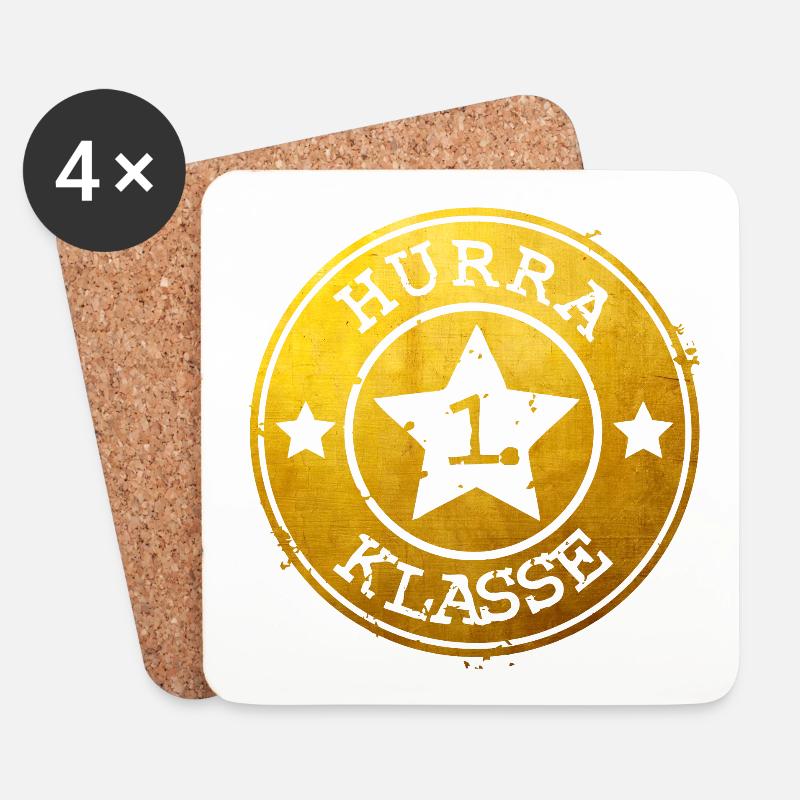 Hurra 1. Klasse - goldenes Emblem mit Stern  - Untersetzer (4er-Set) - Weiß