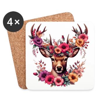 Hirsch mit Blumen - Untersetzer (4er-Set) - Weiß - Vorne