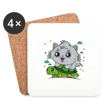 Cat on tortoise - Coasters (set of 4) - white - Front