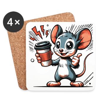 Cartoon of a cheerful mouse with coffee - Coasters (set of 4) - white - Front