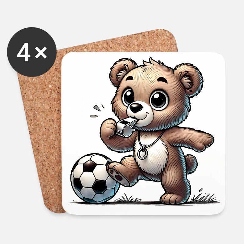 Bär & Trillerpfeife, der mit einem Fußball spielt - Untersetzer (4er-Set) - Weiß