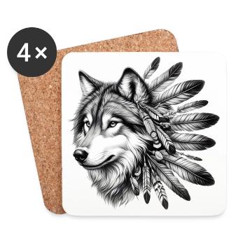 Loup amérindien Peau rouge américaine - Dessous de verre (lot de 4) - blanc - Devant