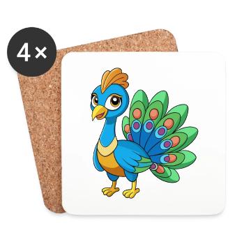 Peacock Cute Mascot Cartoon Character Kawaii - Coasters (set of 4) - white - Front