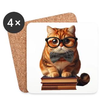 Witzige Katze mit Brille auf Bücherstapel - Untersetzer (4er-Set) - Weiß - Vorne