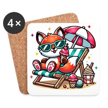 Renard de dessin animé joyeux sur la plage sur une chaise longue - Dessous de verre (lot de 4) - blanc - Devant