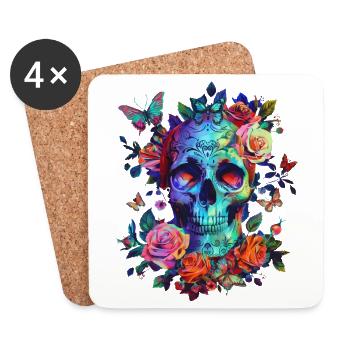 Totenkopf mit Blumen und Schmetterling - Untersetzer (4er-Set) - Weiß - Vorne