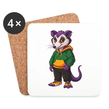 Opossum Drôle Kawaii Dessin animé Personnage Clipart - Dessous de verre (lot de 4) - blanc - Devant