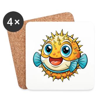Kugelfisch Niedliche Zeichentrickfigur Kawaii Clipart - Untersetzer (4er-Set) - Weiß - Vorne
