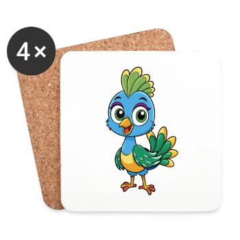Peacock Cute Cartoon Character Kawaii Clipart - Coasters (set of 4) - white - Front
