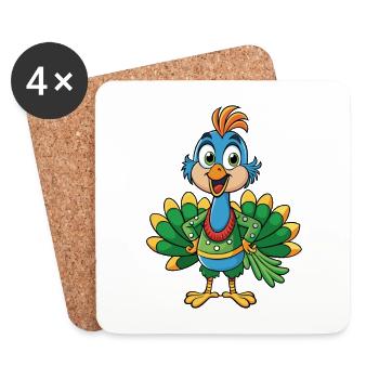Peacock Cute Cartoon Character Kawaii Clipart - Coasters (set of 4) - white - Front