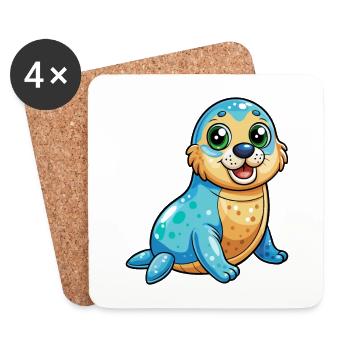 Siegel Niedliche Zeichentrickfigur Kawaii Clipart - Untersetzer (4er-Set) - Weiß - Vorne