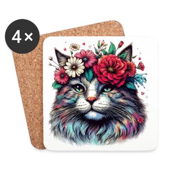 Chat avec des fleurs - Dessous de verre (lot de 4) - blanc - Devant