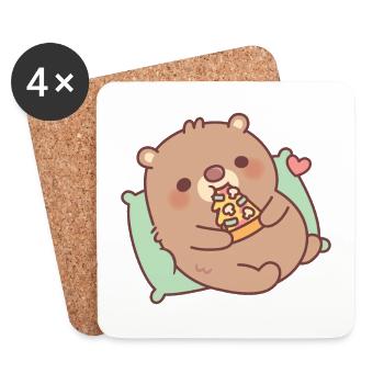Cute Brown Bear Eating Mushroom Pizza - Coasters (set of 4) - white - Front