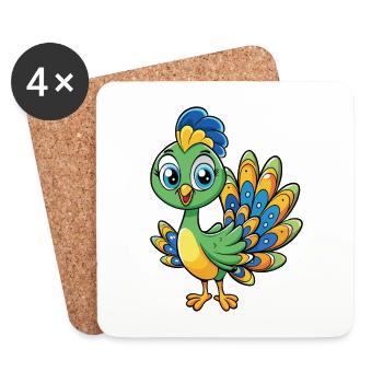 Pfau Niedliche Zeichentrickfigur Kawaii Clipart - Untersetzer (4er-Set) - Weiß - Vorne