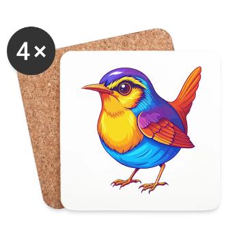 Wren coloré Kawaii Dessin animé Personnage Oiseau - Dessous de verre (lot de 4) - blanc - Devant