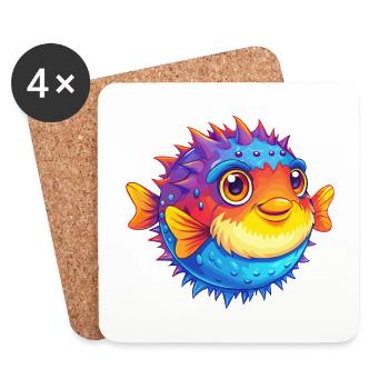porc-épic poisson-globe dessin animé kawaii coloré - Dessous de verre (lot de 4) - blanc - Devant