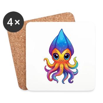 Squid Colorful Kawaii Cartoon Sea Animal - Coasters (set of 4) - white - Front