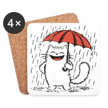 Glückliche Katze unter Regen - Untersetzer (4er-Set) - Weiß - Vorne