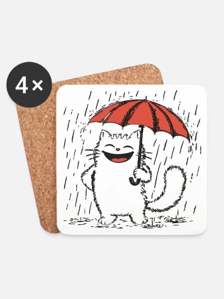 Glückliche Katze unter Regen - Untersetzer (4er-Set) - Weiß