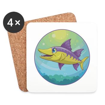 Barracuda mignon Kawaii dessin animé Clipart Animal de compagnie - Dessous de verre (lot de 4) - blanc - Devant