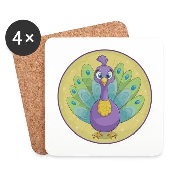 Peacock Cute Kawaii Cartoon Clipart Animal Pet - Coasters (set of 4) - white - Front