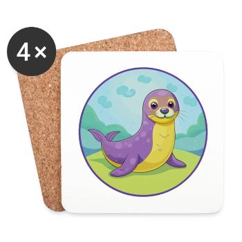 phoque mignon Kawaii dessin animé Clipart animal de compagnie - Dessous de verre (lot de 4) - blanc - Devant
