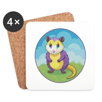 Opossum mignon Kawaii dessin animé Clipart Animal de compagnie - Dessous de verre (lot de 4) - blanc - Devant