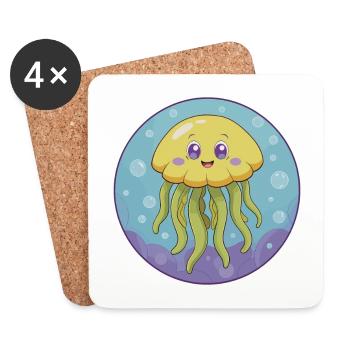 Méduse mignon Kawaii dessin animé Clipart Animal de compagnie - Dessous de verre (lot de 4) - blanc - Devant