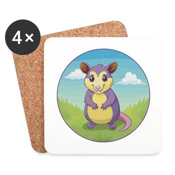 opossum mignon kawaii dessin animé clipart animal de compagnie - Dessous de verre (lot de 4) - blanc - Devant