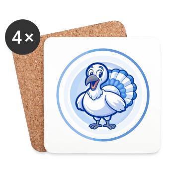 Turquie Bleu Kawaii Dessin Animé Personnage Clipart Animal de compagnie - Dessous de verre (lot de 4) - blanc - Devant