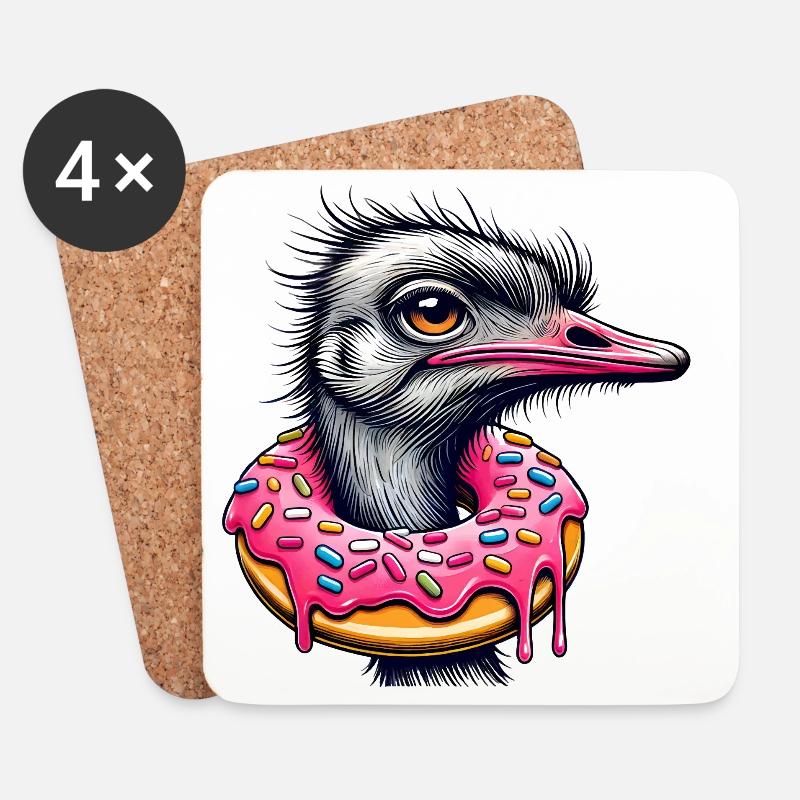 witziger Augenschmaus - Vogel Strauß mit Donut - Untersetzer (4er-Set) - Weiß