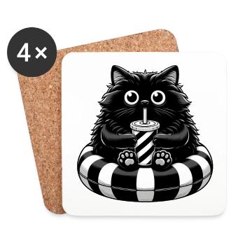 Süße fette schwarze Katze mit Soda: Lazy Summer Vibes - Untersetzer (4er-Set) - Weiß - Vorne