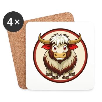 Yak Coloré Kawaii Dessin Animé Personnage Clipart Animal de compagnie - Dessous de verre (lot de 4) - blanc - Devant
