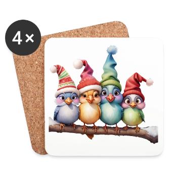 Niedliche Fantasievögel mit Weihnachtsmützen - Untersetzer (4er-Set) - Weiß - Vorne