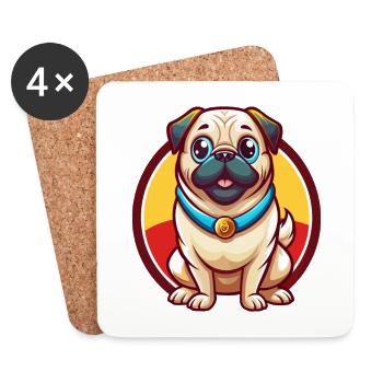 Carlin Chien Drôle Kawaii Dessin animé Clipart Animal Animal - Dessous de verre (lot de 4) - blanc - Devant