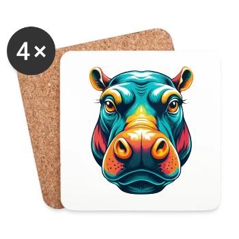 hippopotame mignon kawaii dessin animé clipart visage d’animal - Dessous de verre (lot de 4) - blanc - Devant