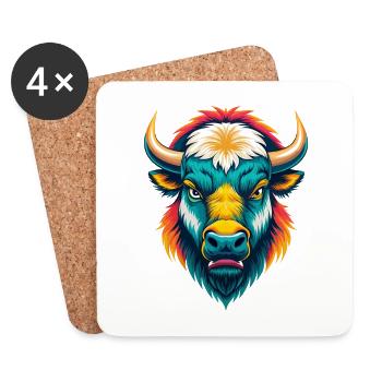 Bison mignon kawaii dessin animé Clipart visage d’animal - Dessous de verre (lot de 4) - blanc - Devant