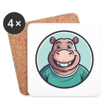 hippopotame kawaii dessin animé personnage animal visage d’animal de compagnie - Dessous de verre (lot de 4) - blanc - Devant