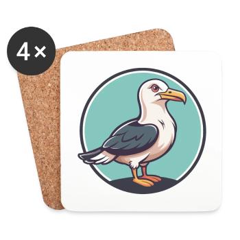 Mouette Kawaii Dessin Animé Personnage Animal Animal Visage - Dessous de verre (lot de 4) - blanc - Devant