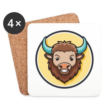 Bison Kawaii Cartoon Character Animal Pet Face - Coasters (set of 4) - white - Front