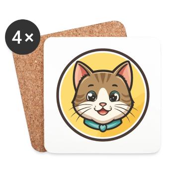 Cat Kawaii Cartoon Character Animal Pet Face - Coasters (set of 4) - white - Front