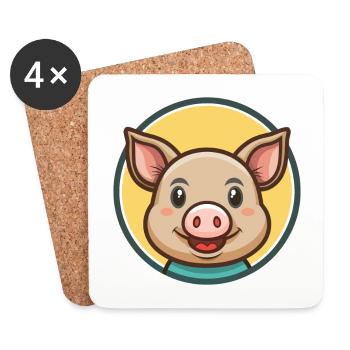Cochon Kawaii Dessin animé Personnage Animal Animal Visage - Dessous de verre (lot de 4) - blanc - Devant
